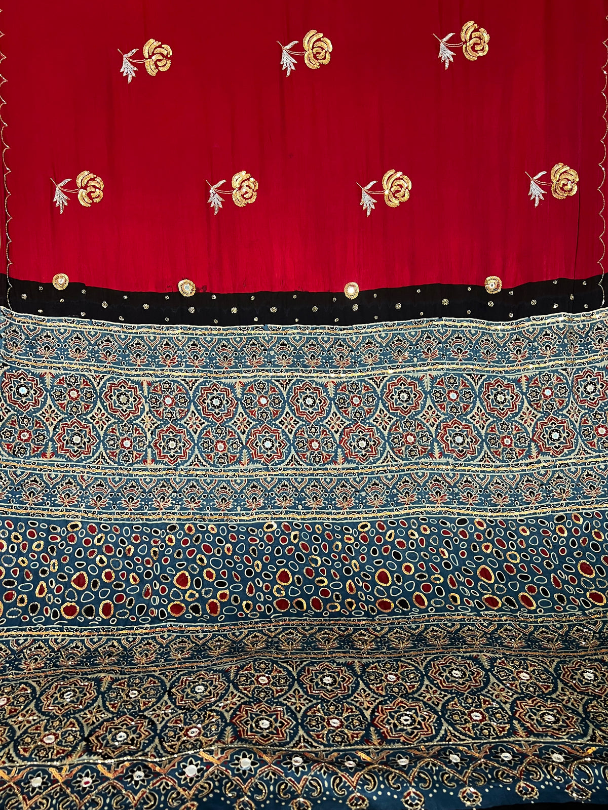 INDIGO ROSE - Pure Modal Ajrakh Hand Embroidered Saree