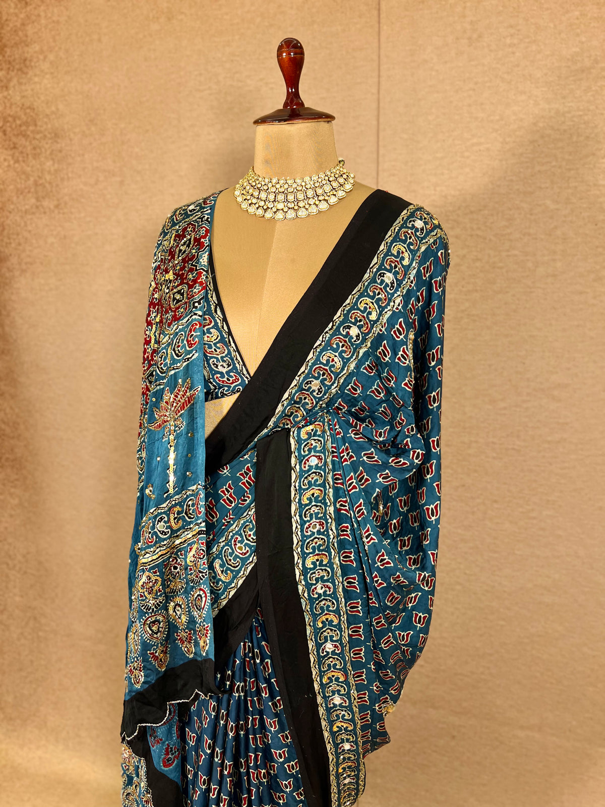 DIVINE SPARKLE - Pure Modal Ajrakh Hand Embroidered Saree