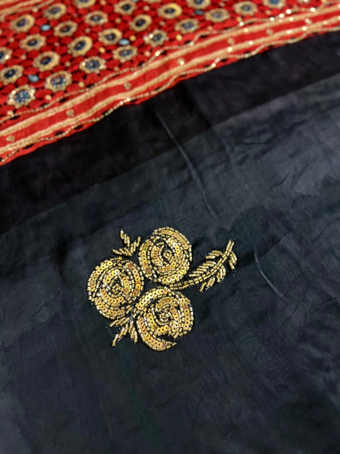 ETHEREAL ROSE - Pure Modal Ajrakh Hand Embroidered Saree