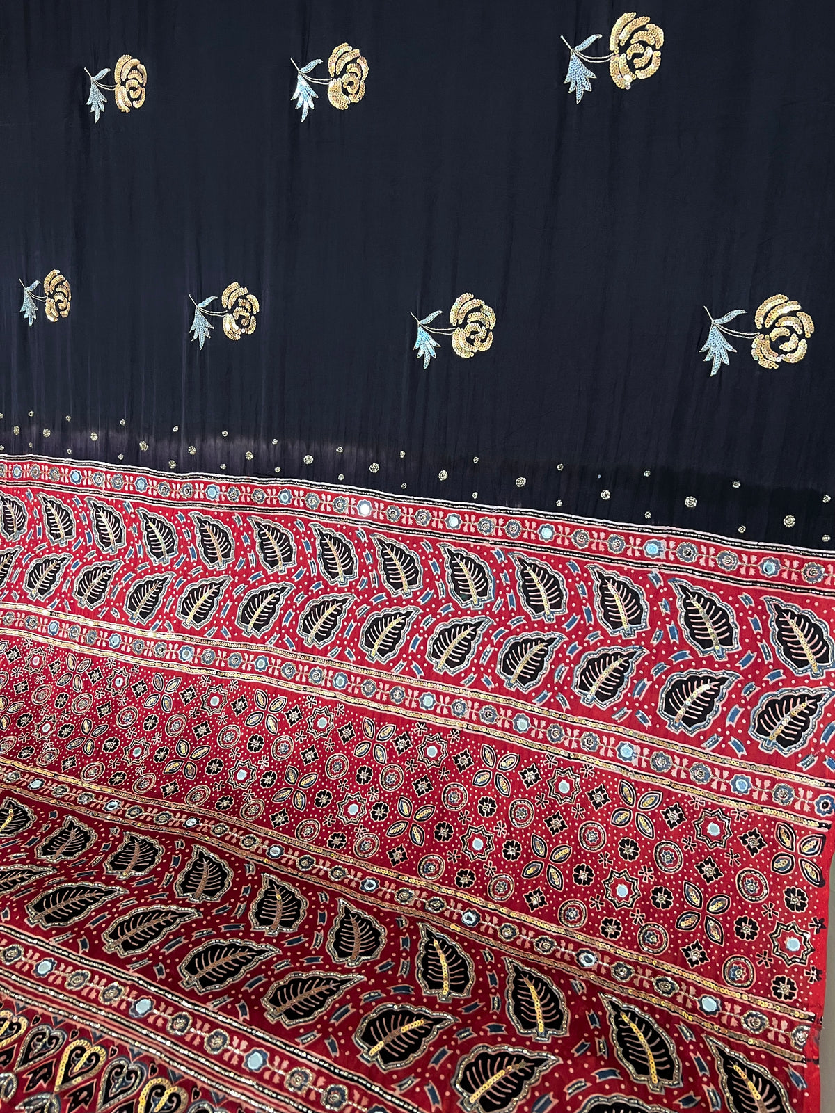 COAL ROSE - Pure Modal Ajrakh Hand Embroidered Saree