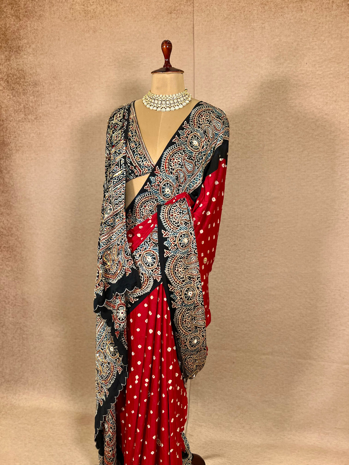 RED SPLENDOUR - Pure Modal Bandhani Ajrakh Hand Embroidered Saree