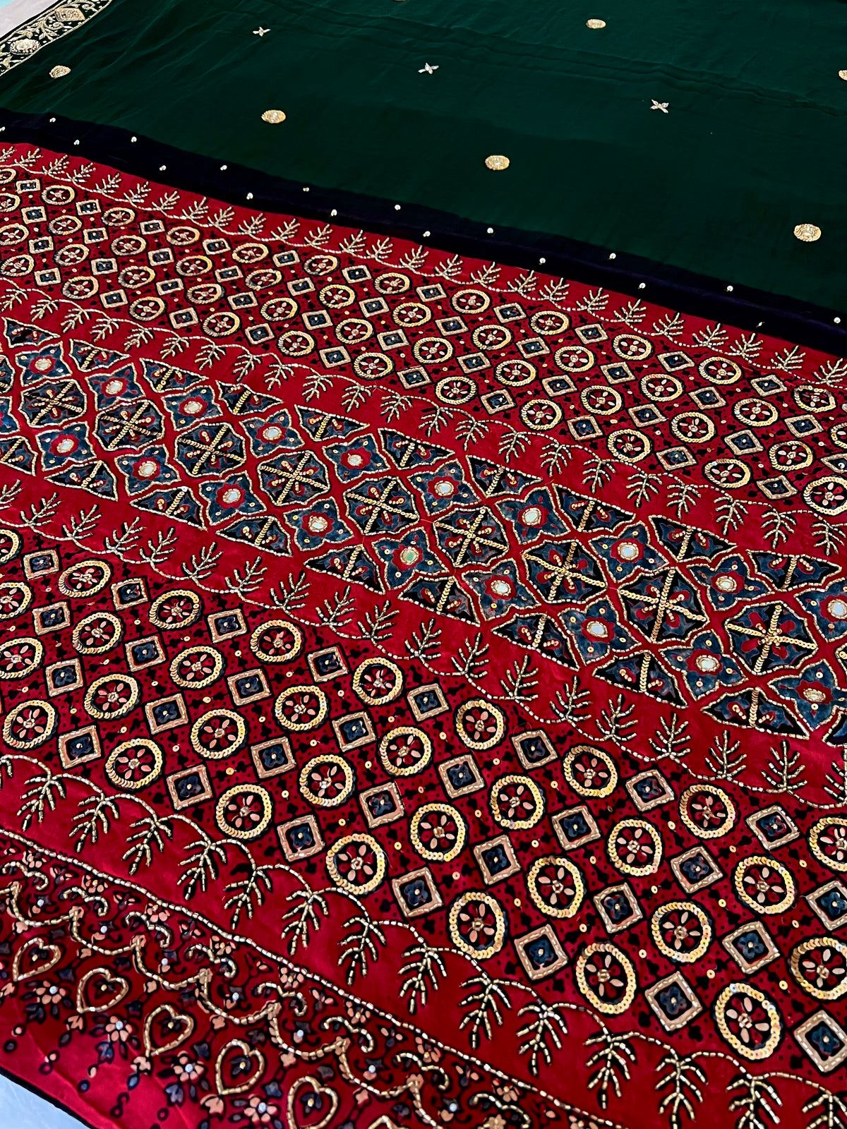 GREEN DESIRE - Pure Modal Ajrakh Hand Embroidered Saree
