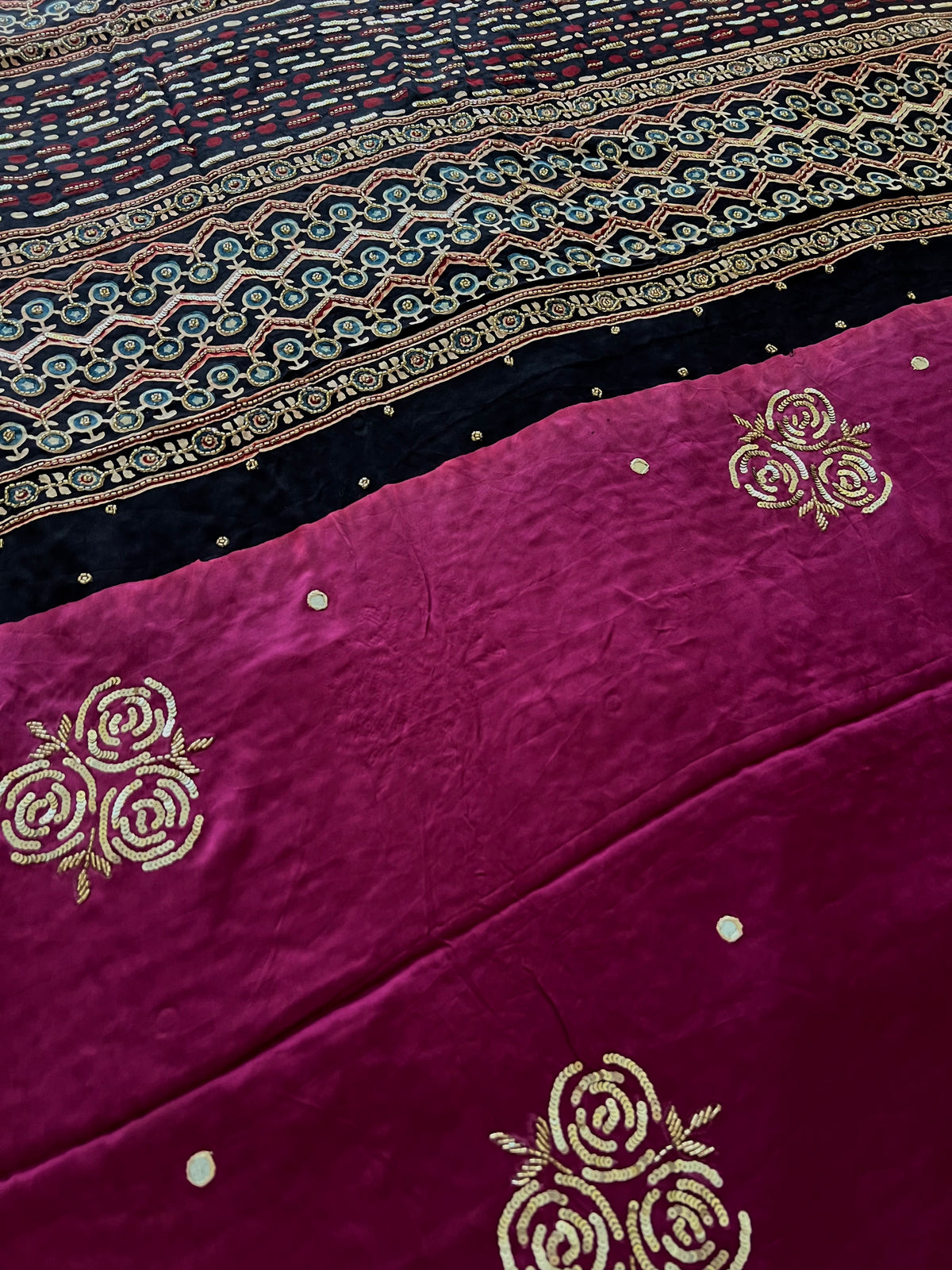 DUSTY PLUM ROSE - Pure Modal Ajrakh Hand Embroidered Saree