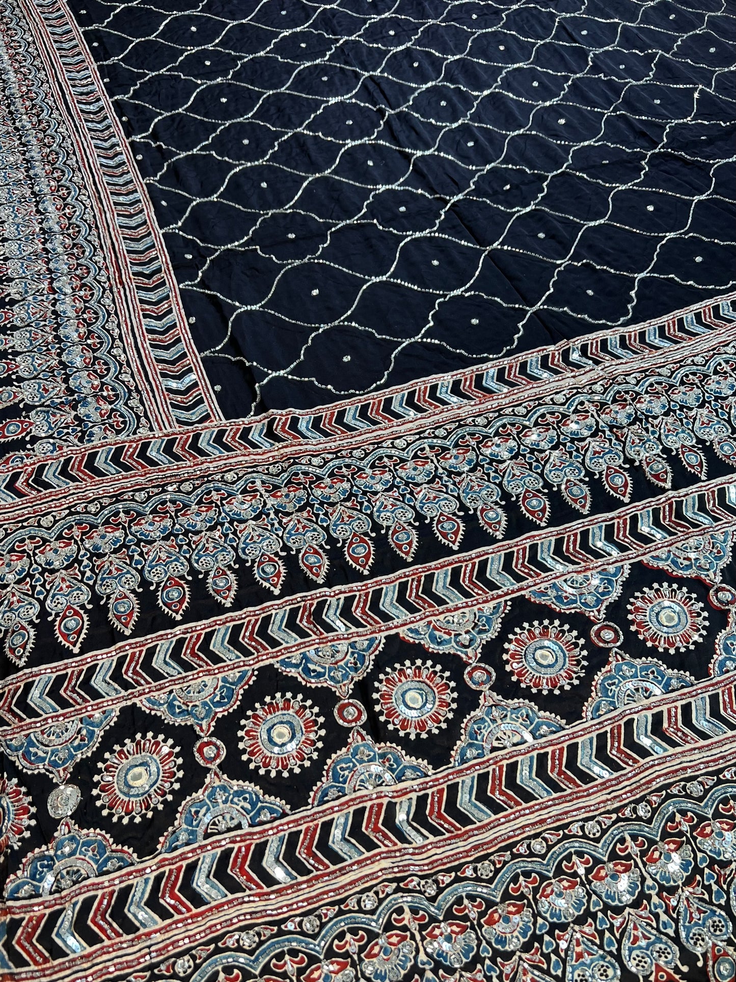 MIDNIGHT ECLIPSE - Pure Modal Ajrakh Hand Embroidered Saree