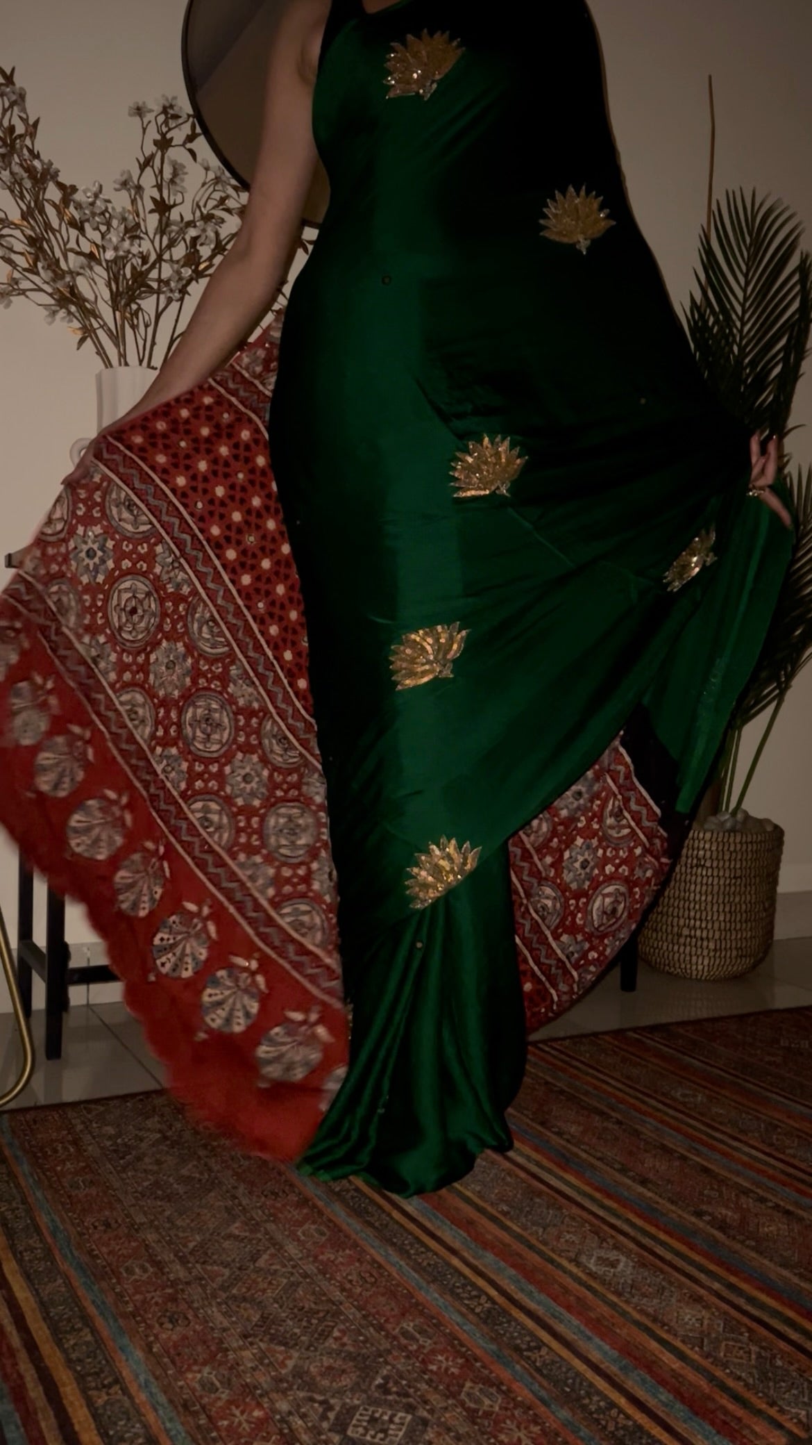 ENCHANTED LOTUS - Pure Modal Ajrakh Hand Embroidered Saree