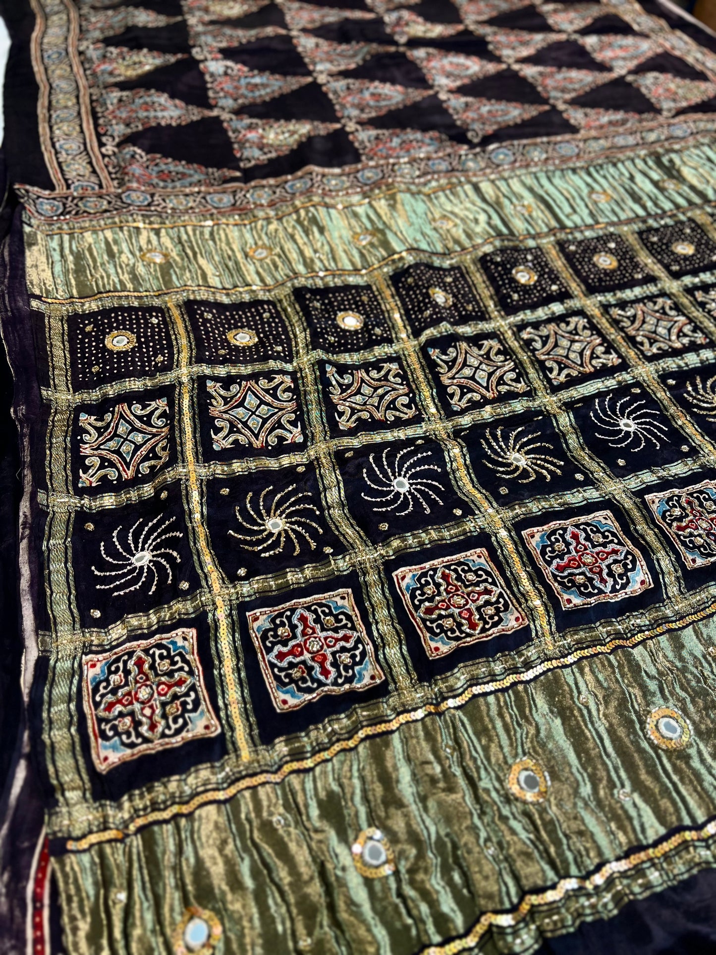 REGAL BLACK - Pure Modal Ajrakh Hand Embroidered Saree