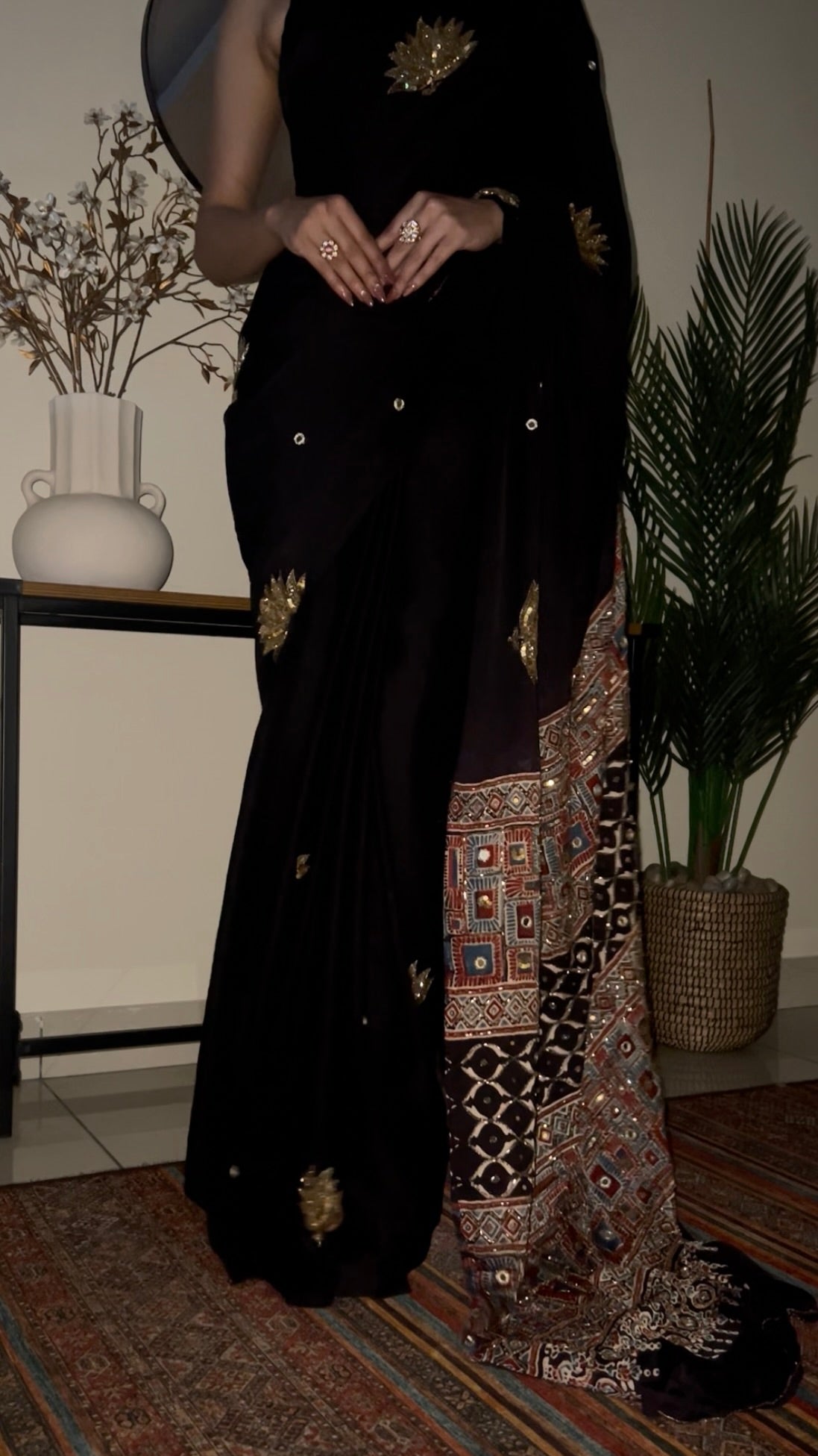 COSMIC LOTUS - Pure Modal Ajrakh Hand Embroidered Saree