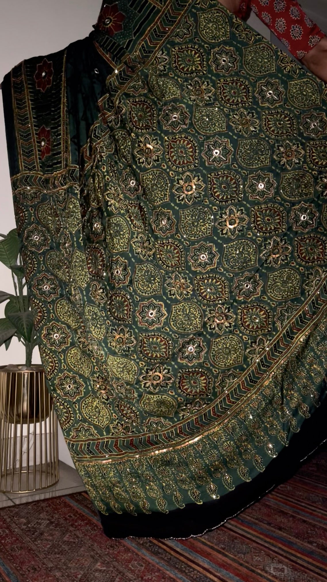 FOREST MIST - Pure Modal Ajrakh Hand Embroidered Saree