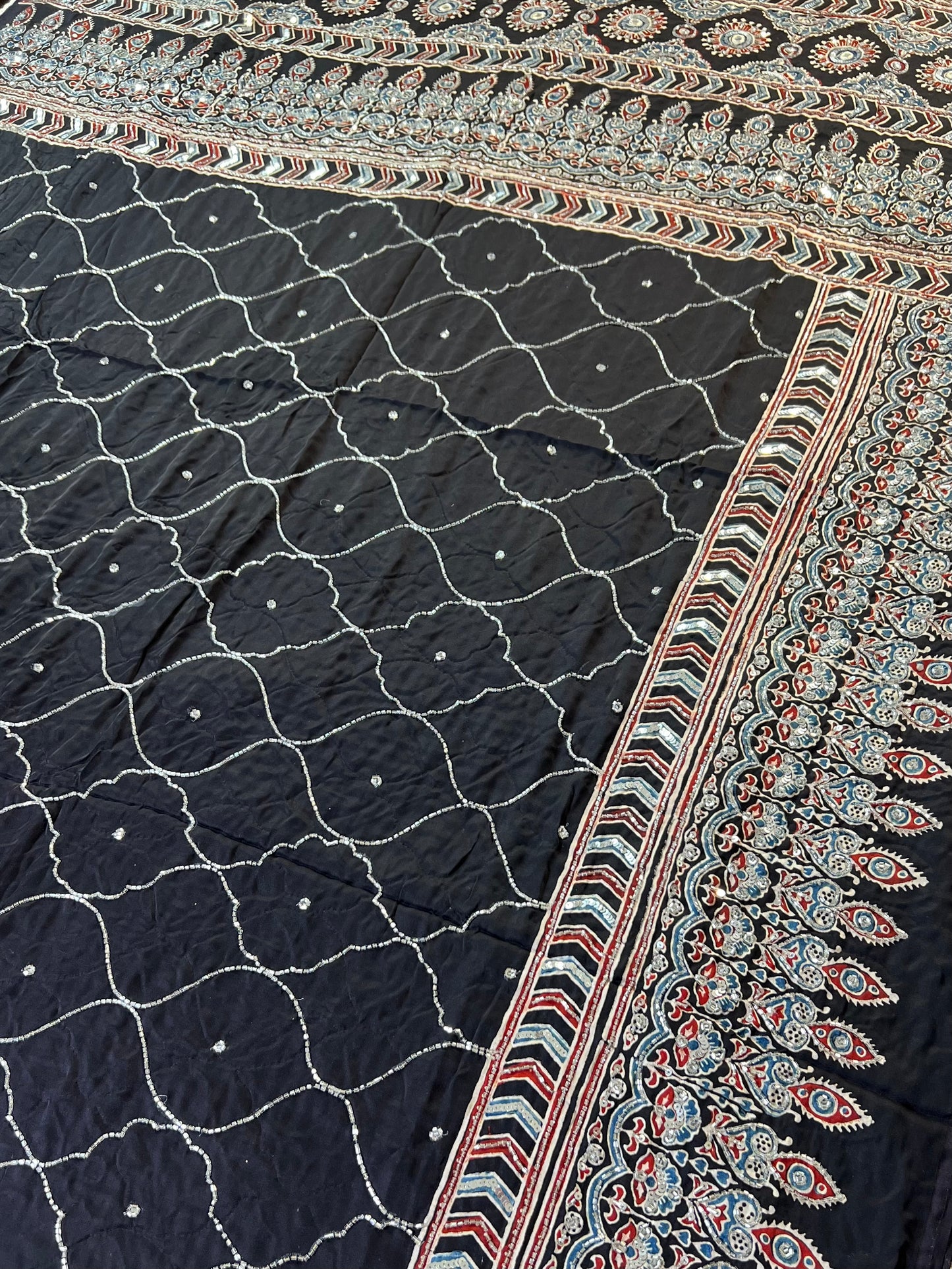 MIDNIGHT ECLIPSE - Pure Modal Ajrakh Hand Embroidered Saree
