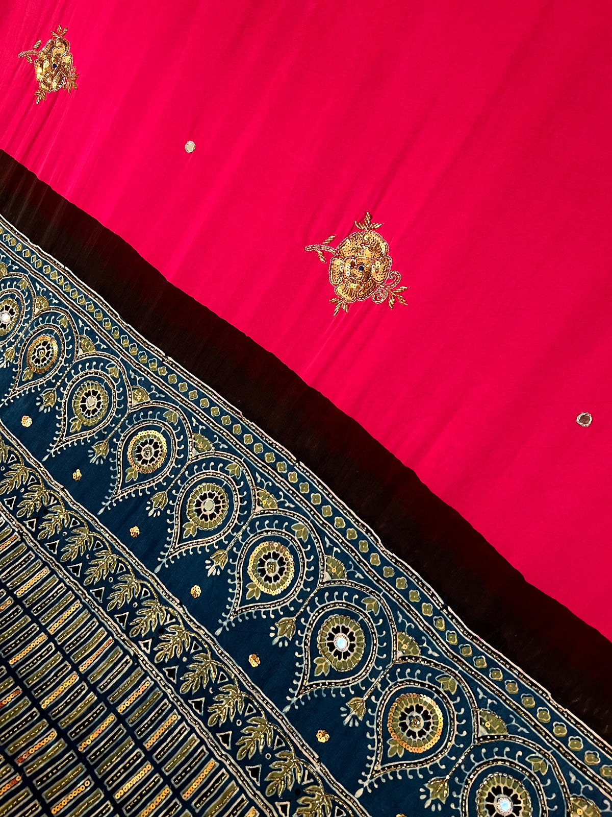 BUBBLEGUM ROSE - Pure Modal Ajrakh Hand Embroidered Saree