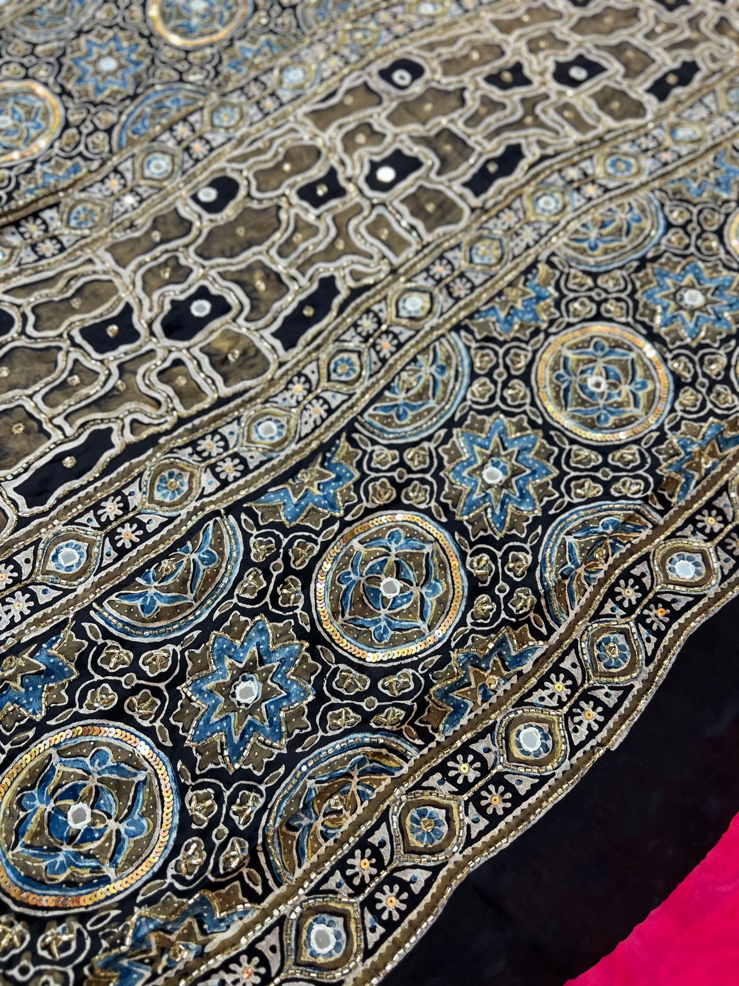 CHERRY ROSE - Pure Modal Ajrakh Hand Embroidered Saree