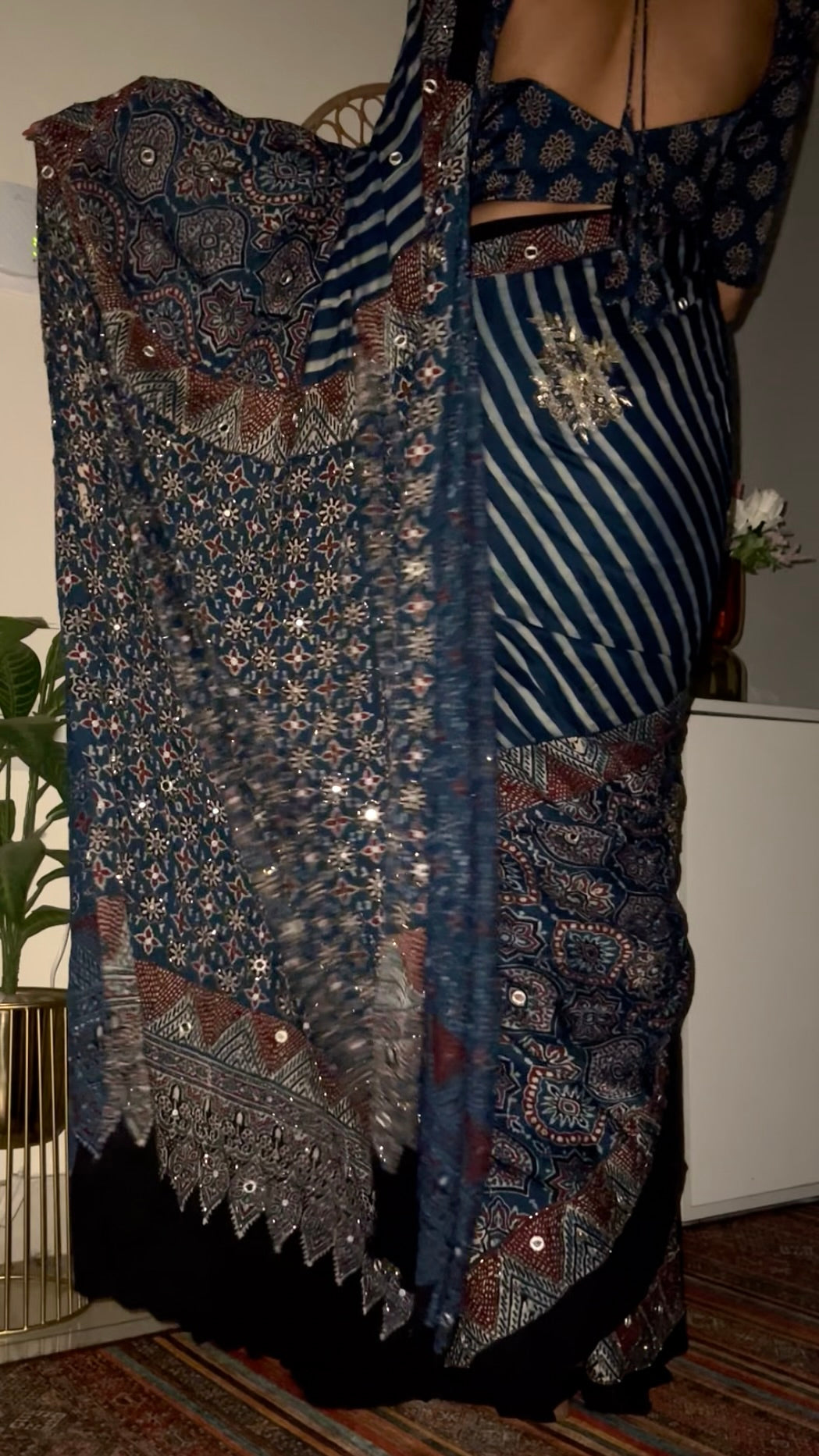 INDIGO STARDUST - Pure Modal Ajrakh Hand Embroidered Saree