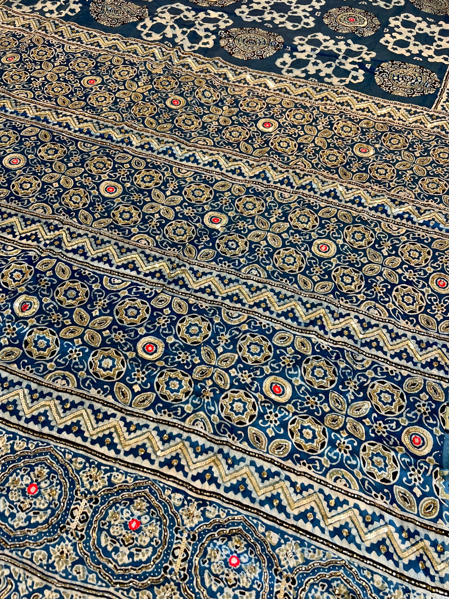 INDIGO LUMIÈRE - Pure Modal Ajrakh Hand Embroidered Saree