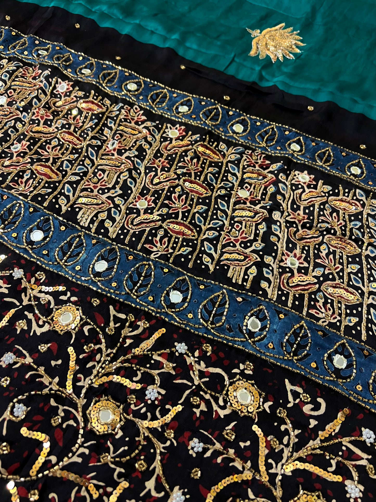 JADE LOTUS - Pure Modal Ajrakh Hand Embroidered Saree