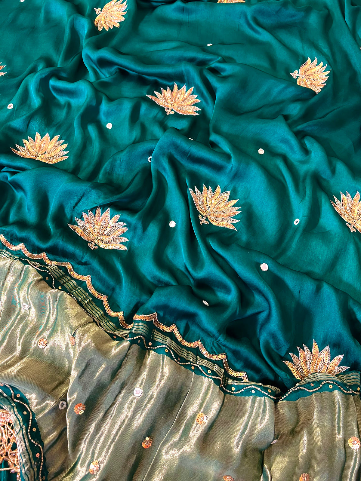 EMERALD LOTUS - Pure Modal Hand Embroidered Saree with Tassels