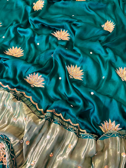 EMERALD LOTUS - Pure Modal Hand Embroidered Saree with Tassels