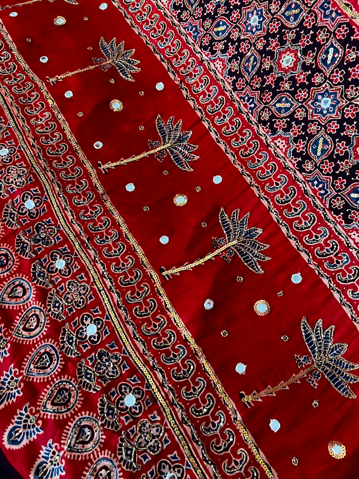 CRIMSON BLOSSOM - Pure Modal Ajrakh Hand Embroidered Saree