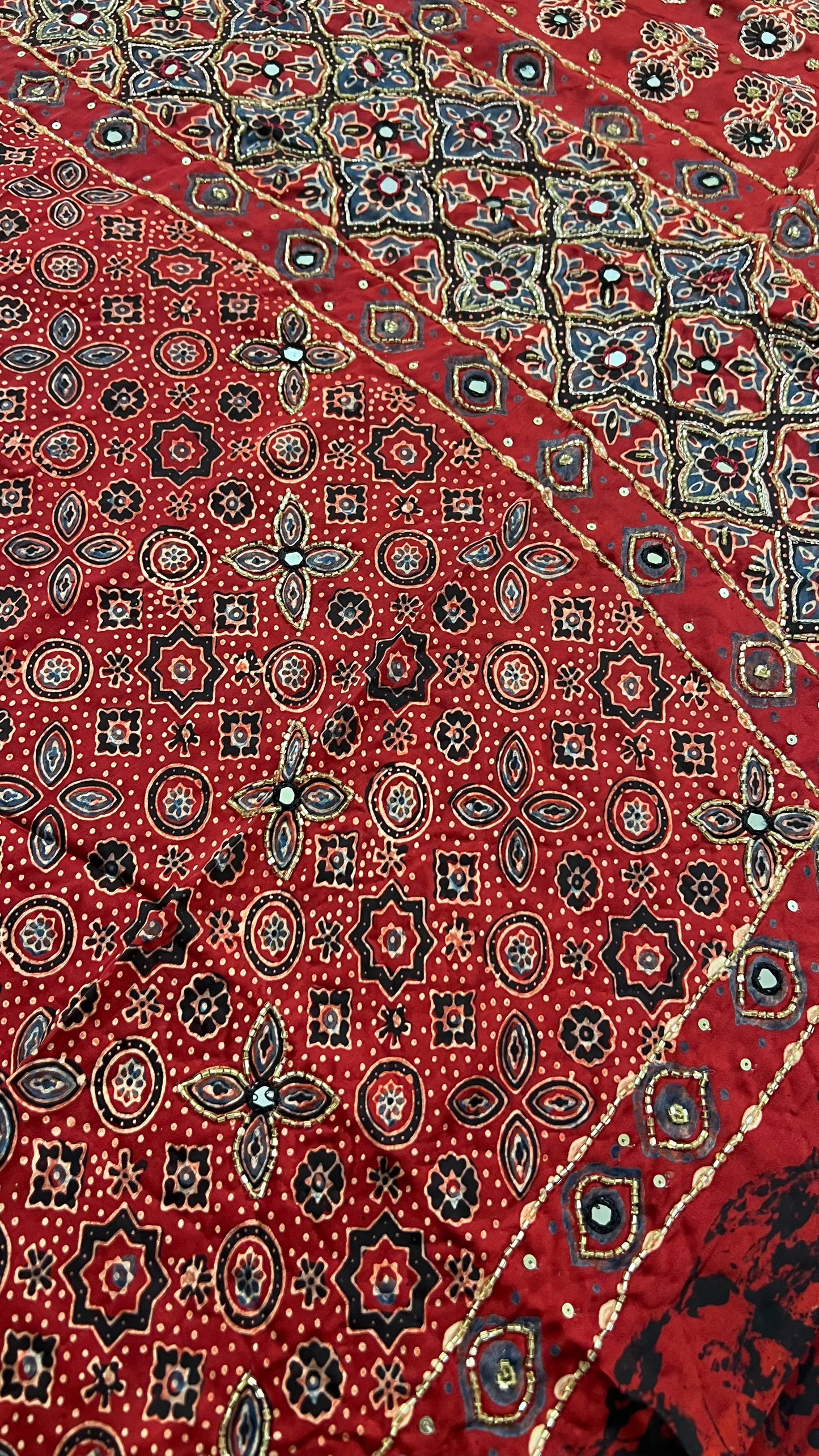 Red Pure Modal Ajrakh Hand Embroidered Saree