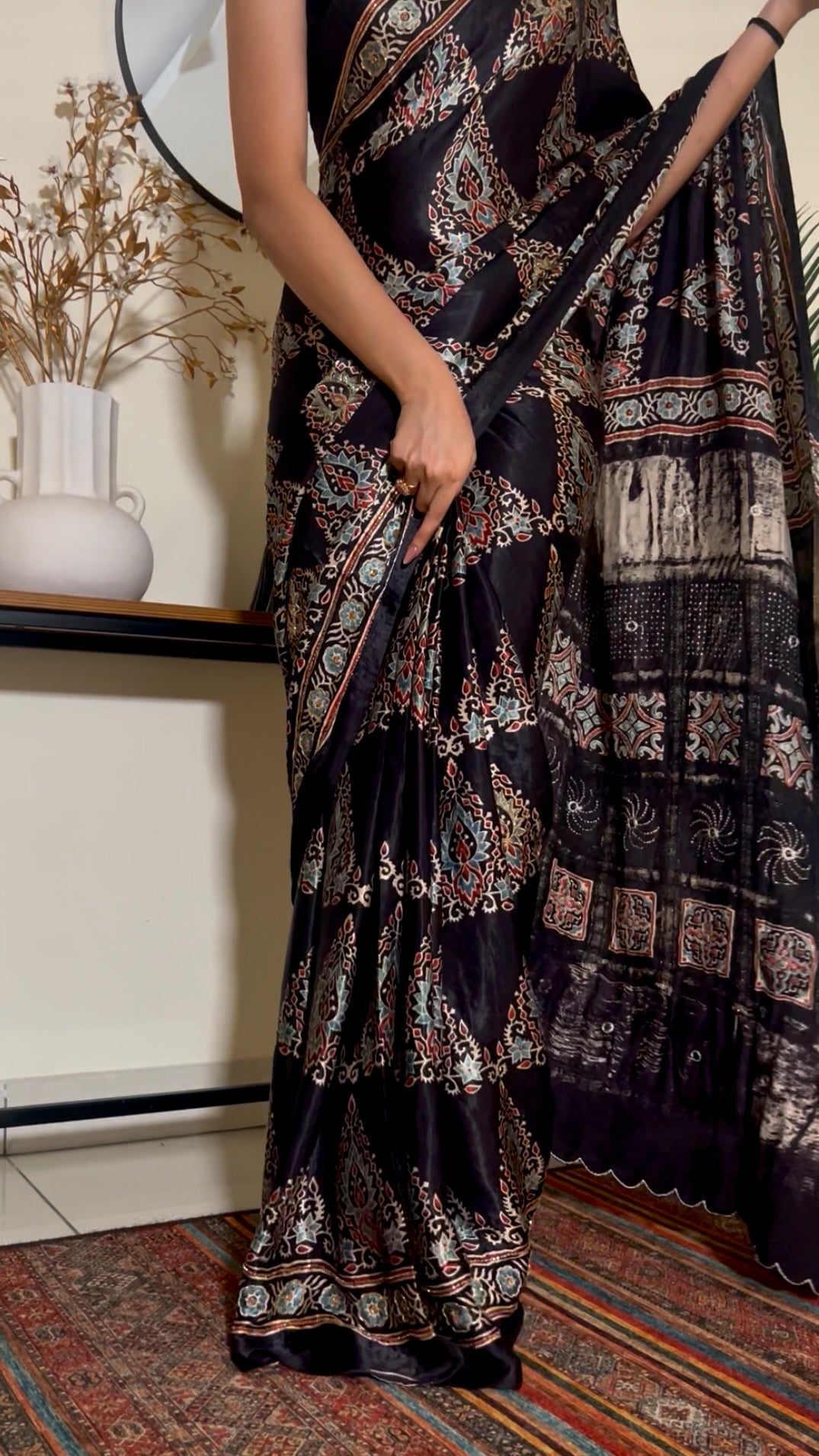 REGAL BLACK - Pure Modal Ajrakh Hand Embroidered Saree