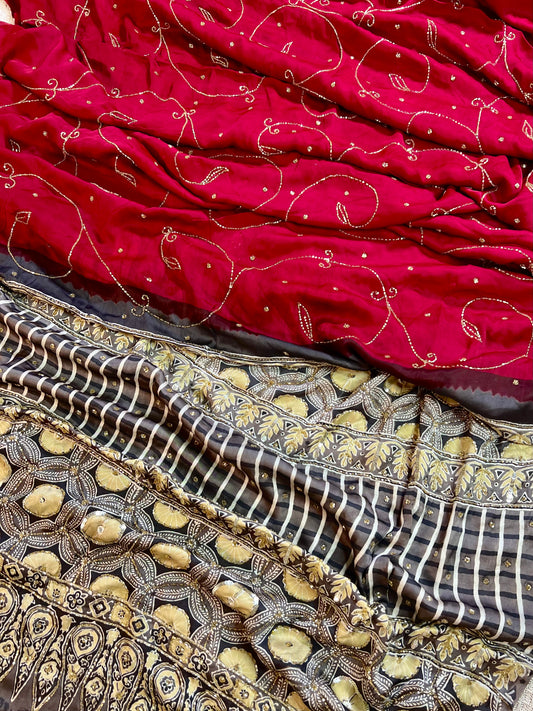 RUBY SPARKLE - Pure Modal Ajrakh Hand Embroidered Saree