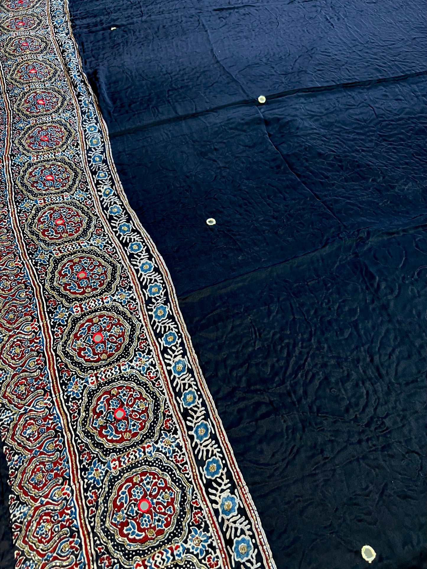 MIDNIGHT SHIMMER - Pure Modal Ajrakh Hand Embroidered Saree