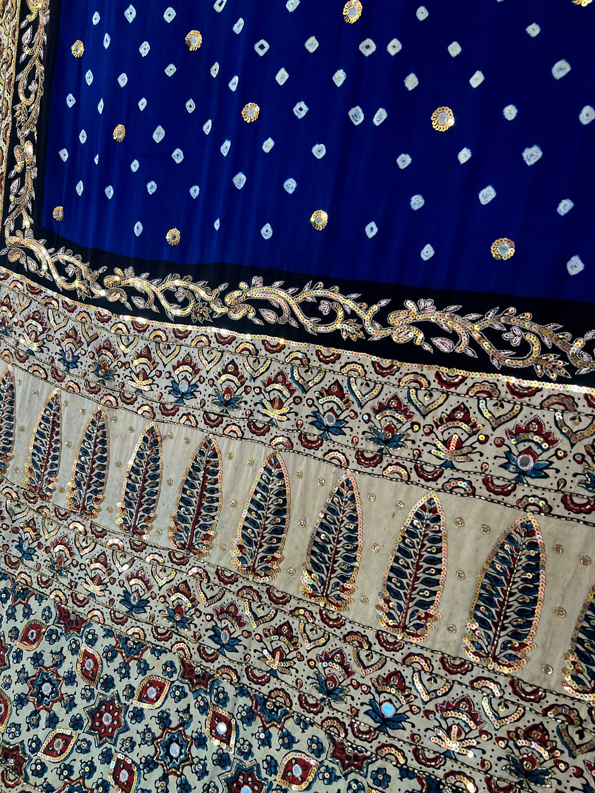 BLUE EMPRESS - Pure Modal Bandhani Ajrakh Hand Embroidered Saree