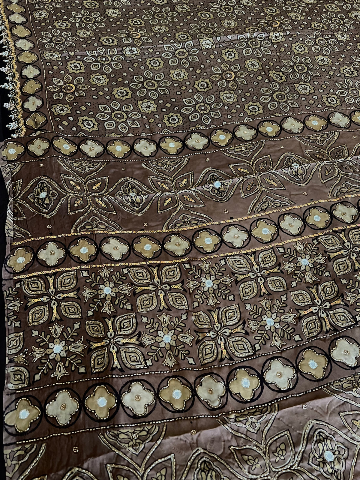 MOCHA BLOOM - Pure Modal Ajrakh Hand Embroidered Saree