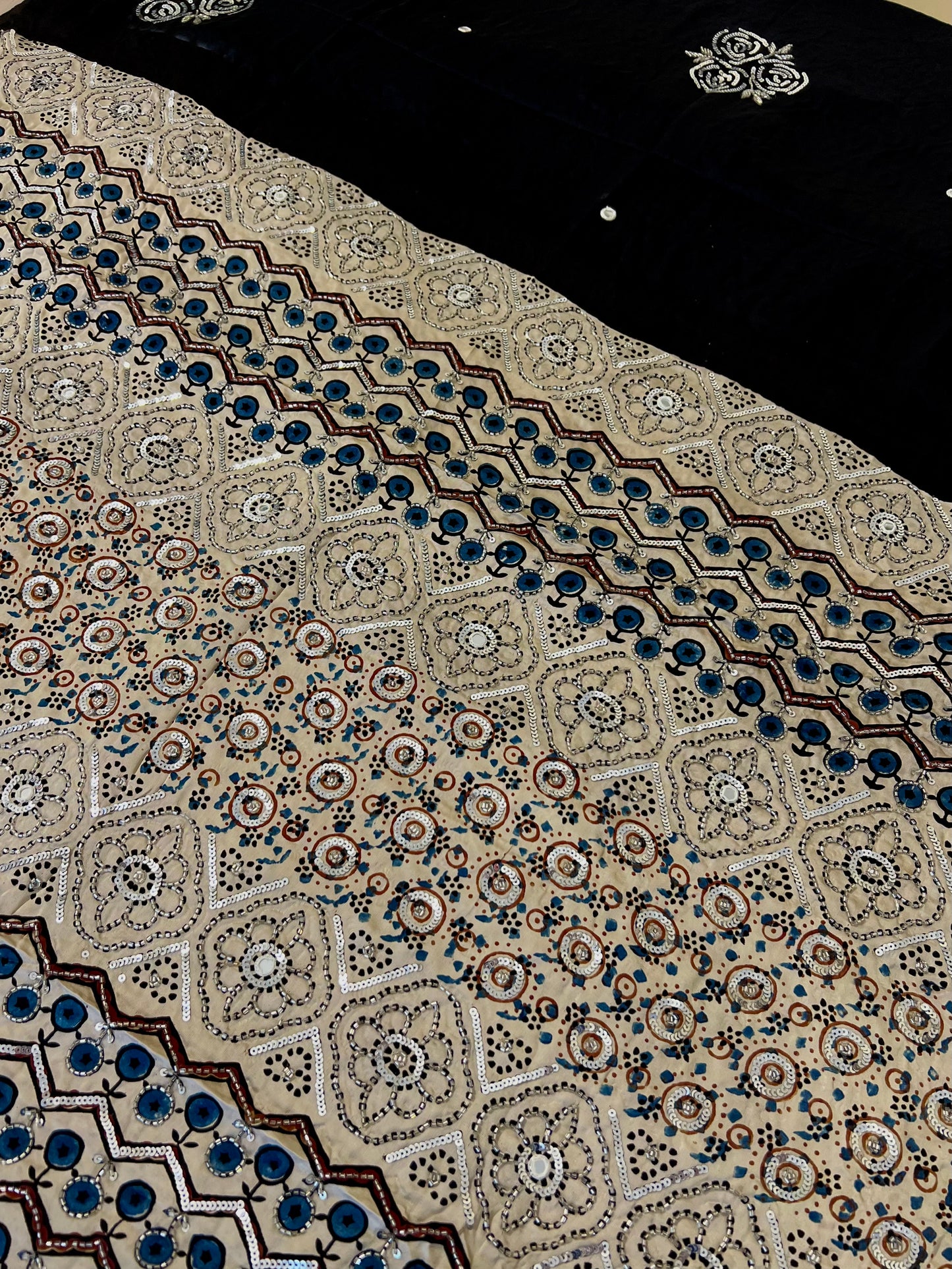 MOONLIT ROSE - Pure Modal Ajrakh Hand Embroidered Saree