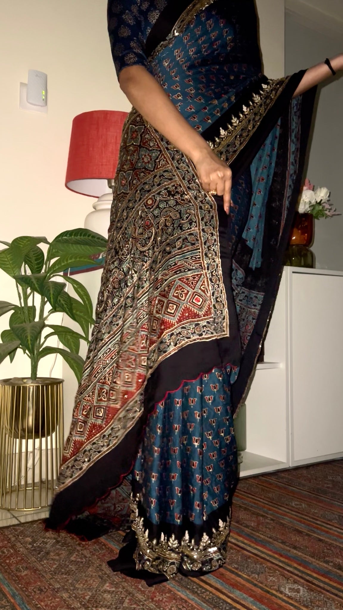 BLUE MEADOW - Pure Modal Ajrakh Hand Embroidered Saree