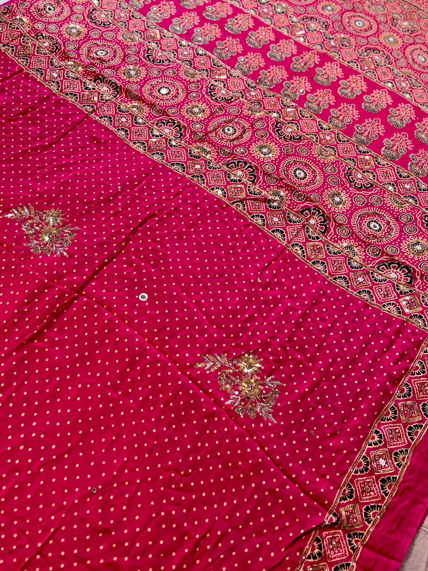 BLUSHING DAWN - Pure Modal Ajrakh Hand Embroidered Saree