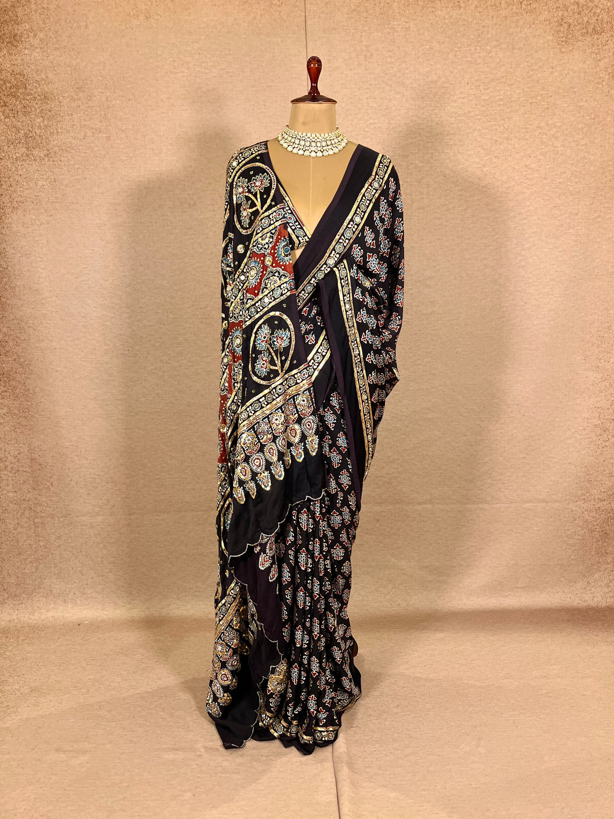 SPARKLE BLOOM - Pure Modal Ajrakh Hand Embroidered Saree