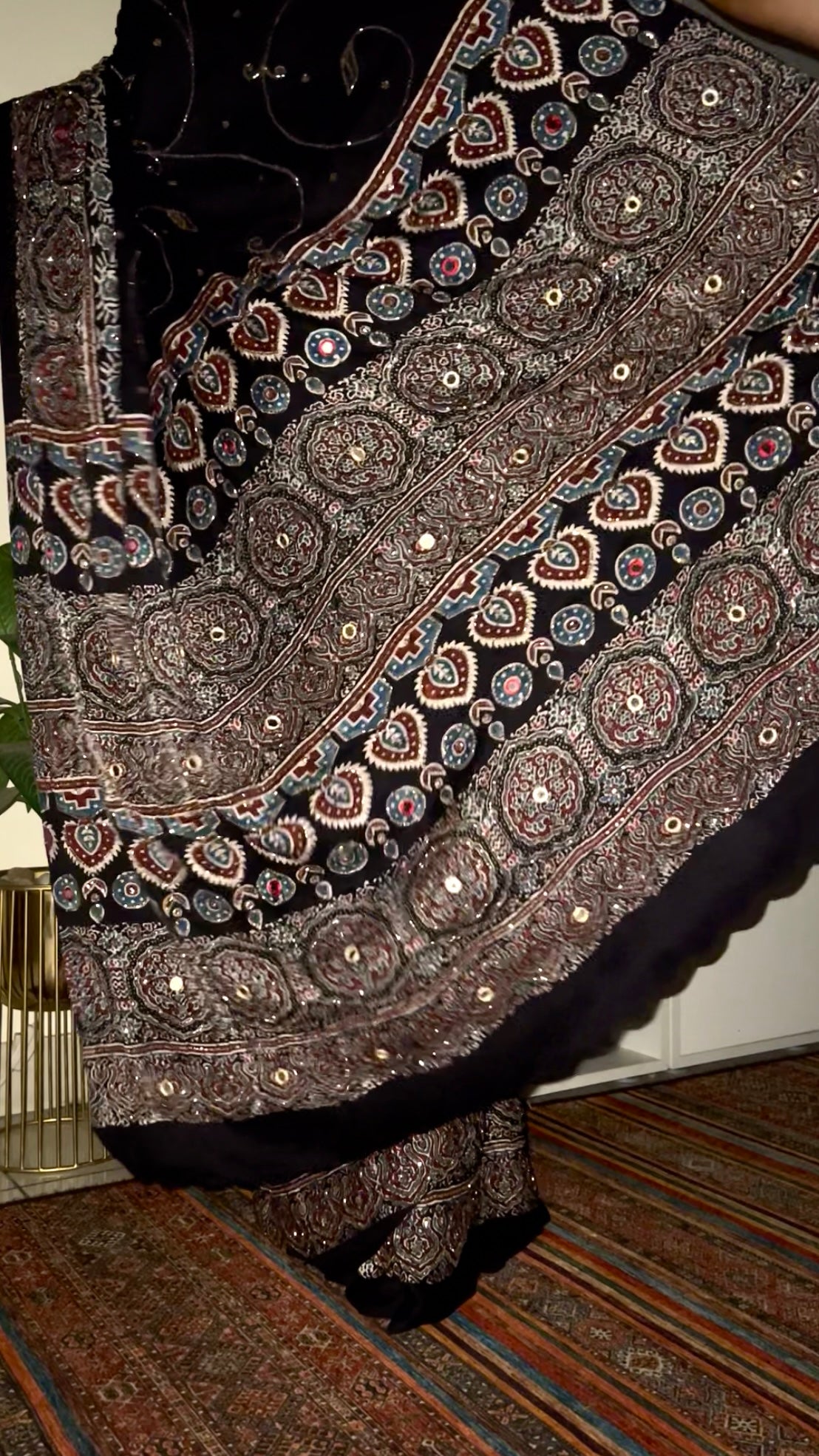 MIDNIGHT SHIMMER - Pure Modal Ajrakh Hand Embroidered Saree