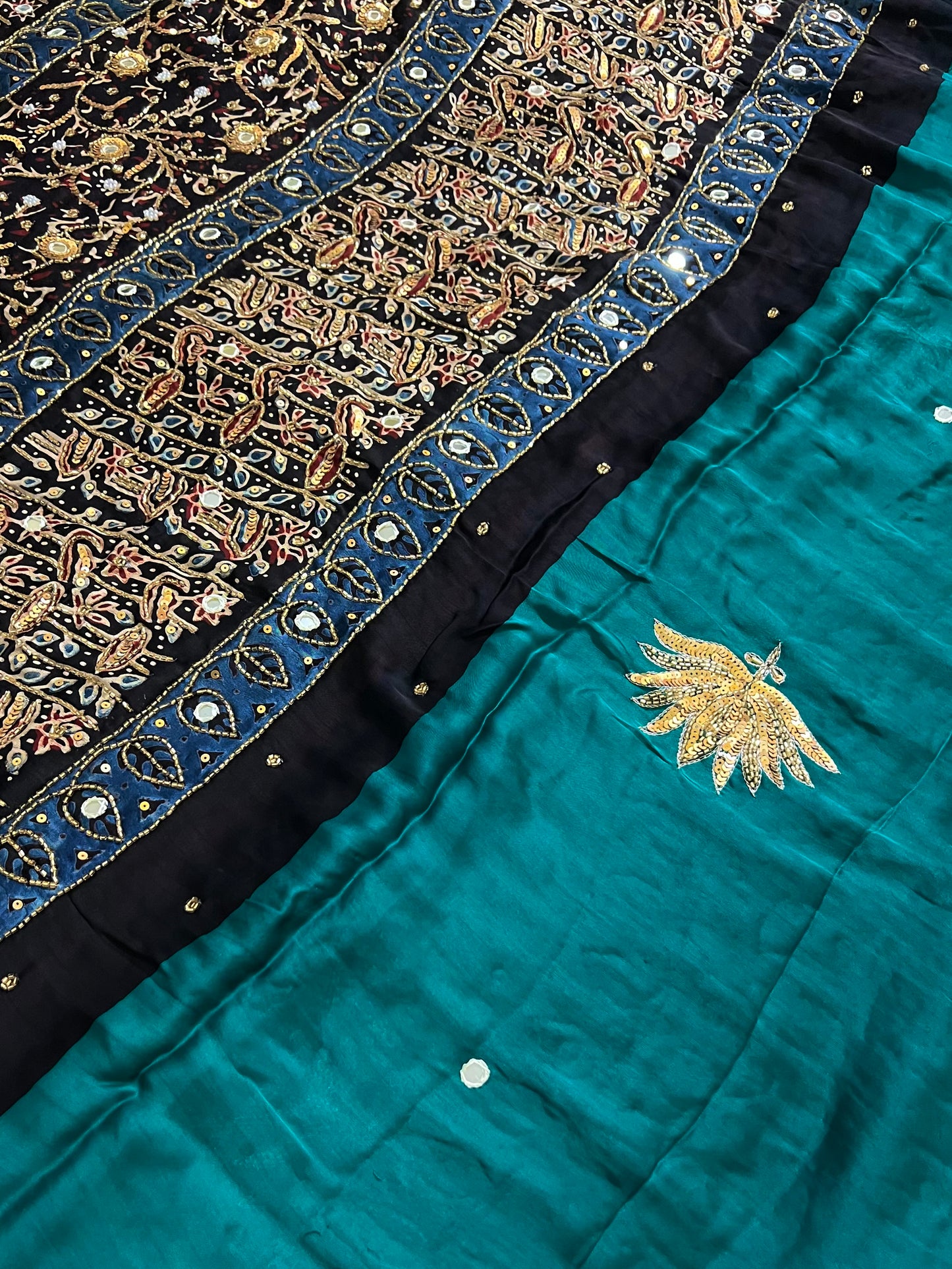 JADE LOTUS - Pure Modal Ajrakh Hand Embroidered Saree