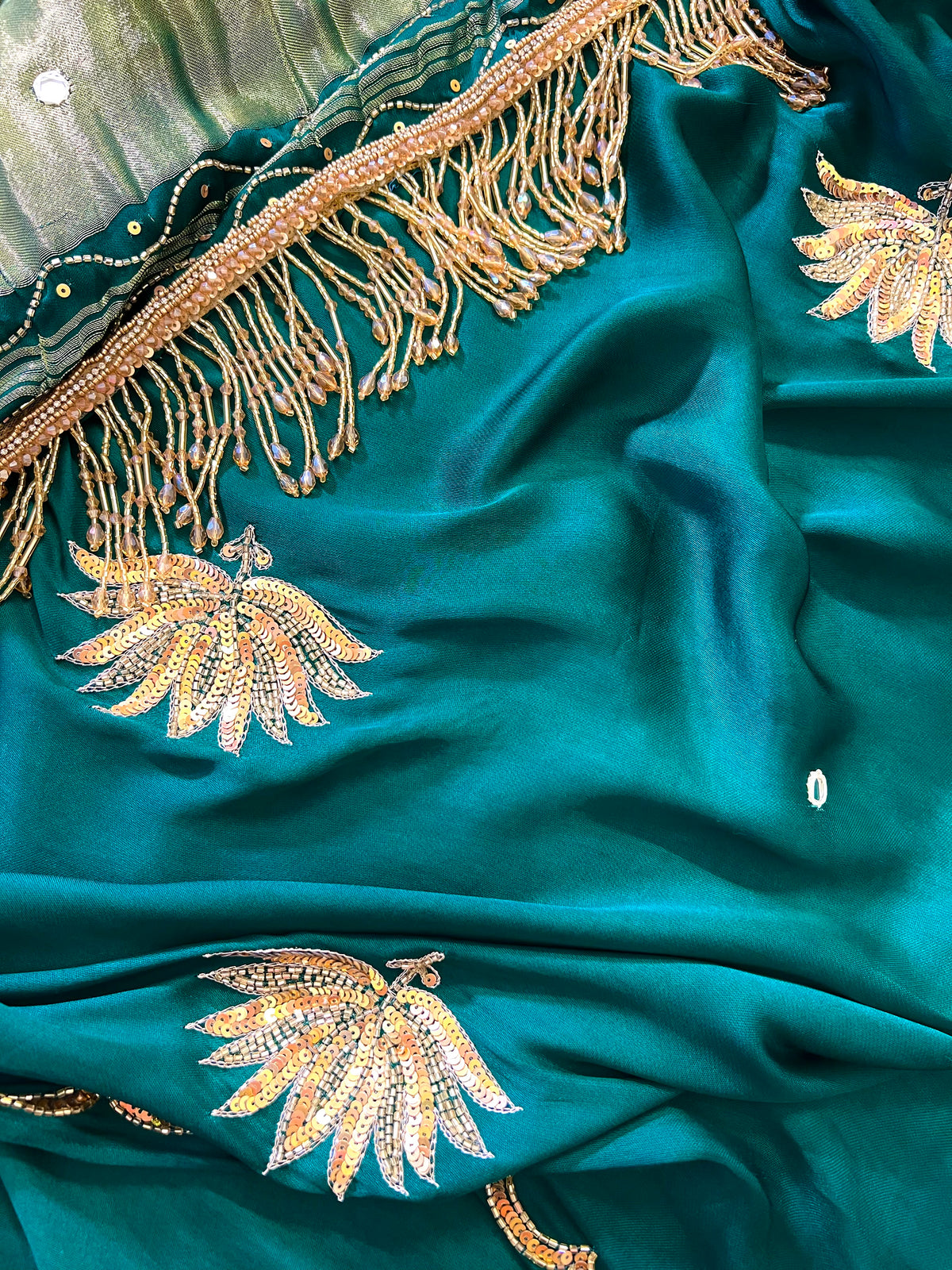 EMERALD LOTUS - Pure Modal Hand Embroidered Saree with Tassels