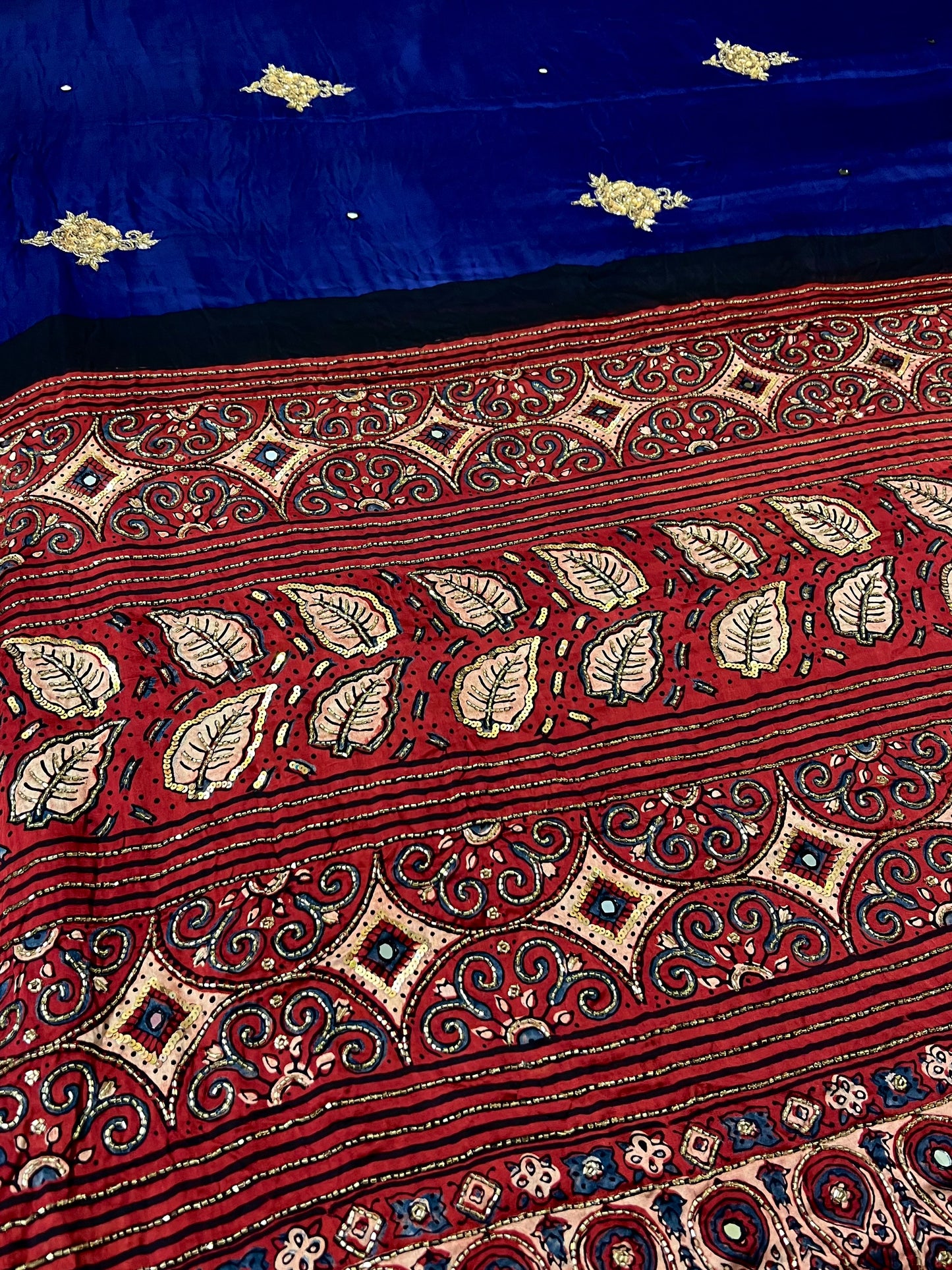 ROYAL ROSE - Pure Modal Ajrakh Hand Embroidered Saree