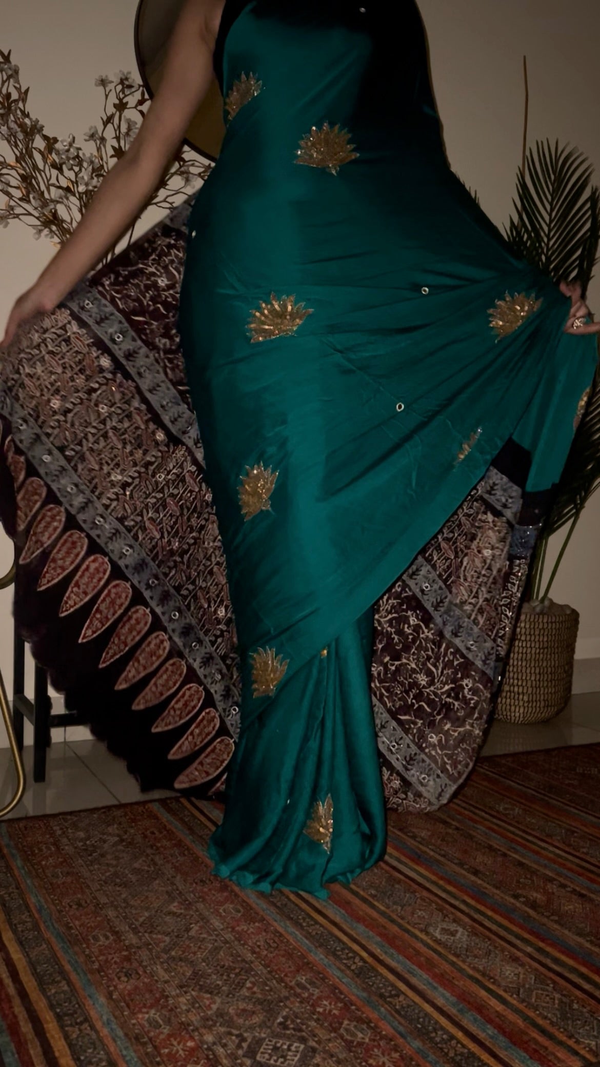 JADE LOTUS - Pure Modal Ajrakh Hand Embroidered Saree