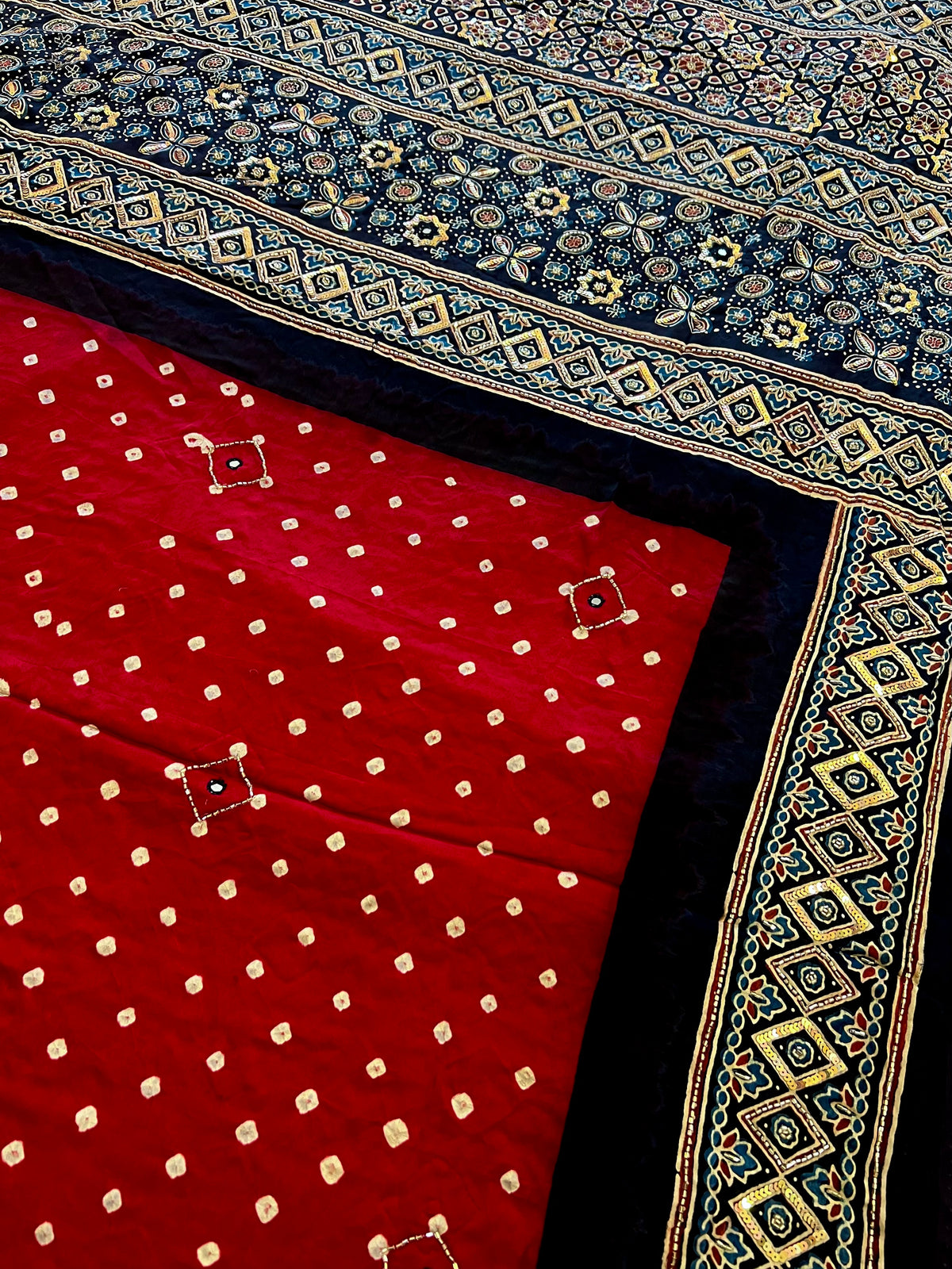 RED ROYALTY - Pure Modal Bandhani Ajrakh Hand Embroidered Saree