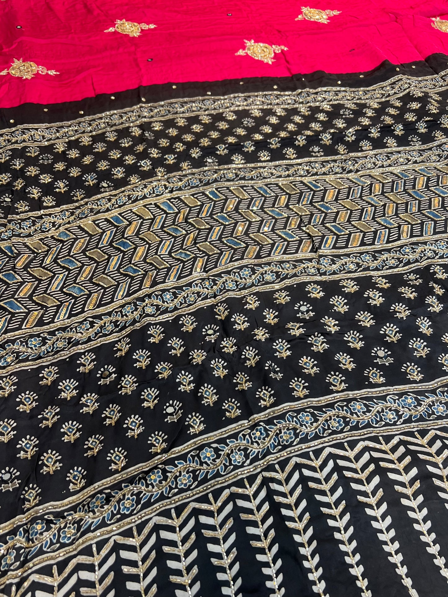 CANDY ROSE - Pure Modal Ajrakh Hand Embroidered Saree