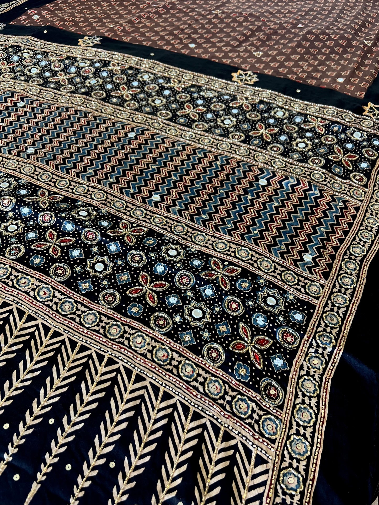 COCOA BLOOM - Pure Modal Ajrakh Hand Embroidered Saree