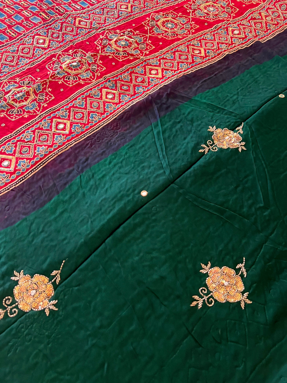 FOREST ROSE - Pure Modal Ajrakh Hand Embroidered Saree
