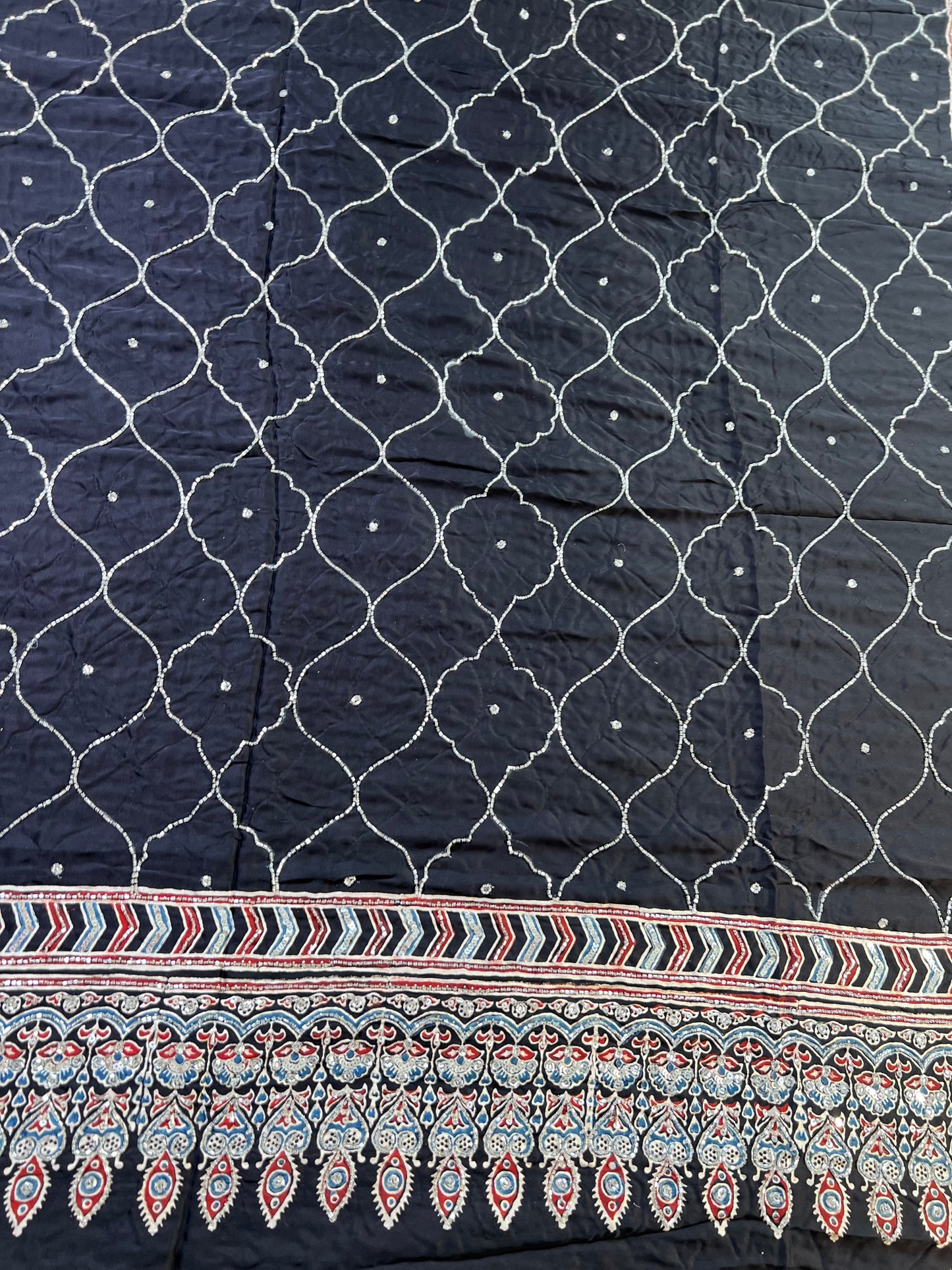 MIDNIGHT ECLIPSE - Pure Modal Ajrakh Hand Embroidered Saree