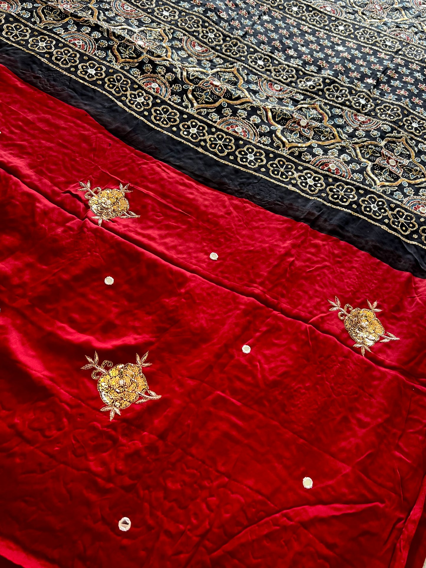 SCARLET ROSE - Pure Modal Ajrakh Hand Embroidered Saree