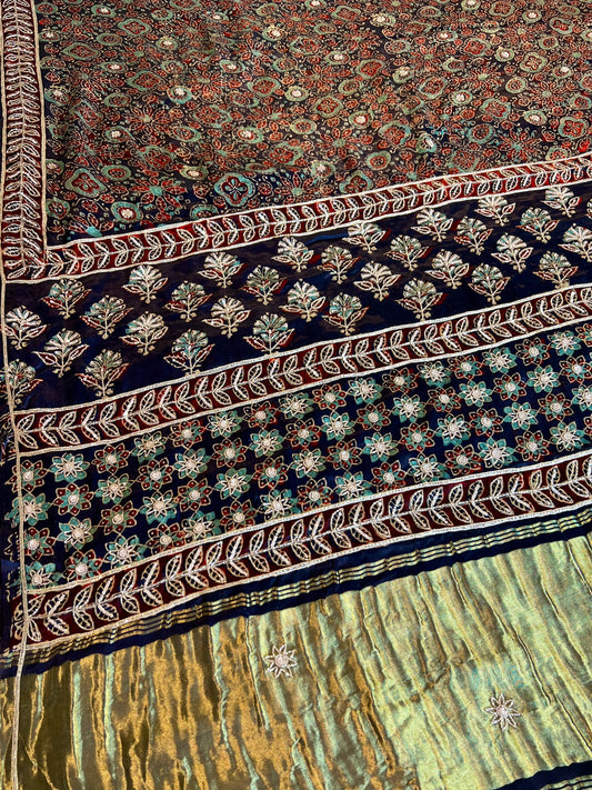 BLUE ROYALE - Pure Modal Ajrakh Hand Embroidered Saree