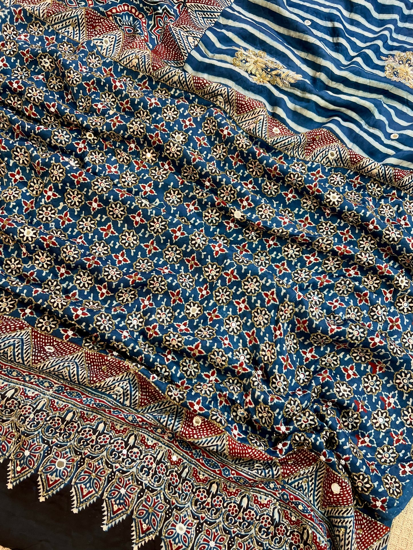 INDIGO STARDUST - Pure Modal Ajrakh Hand Embroidered Saree