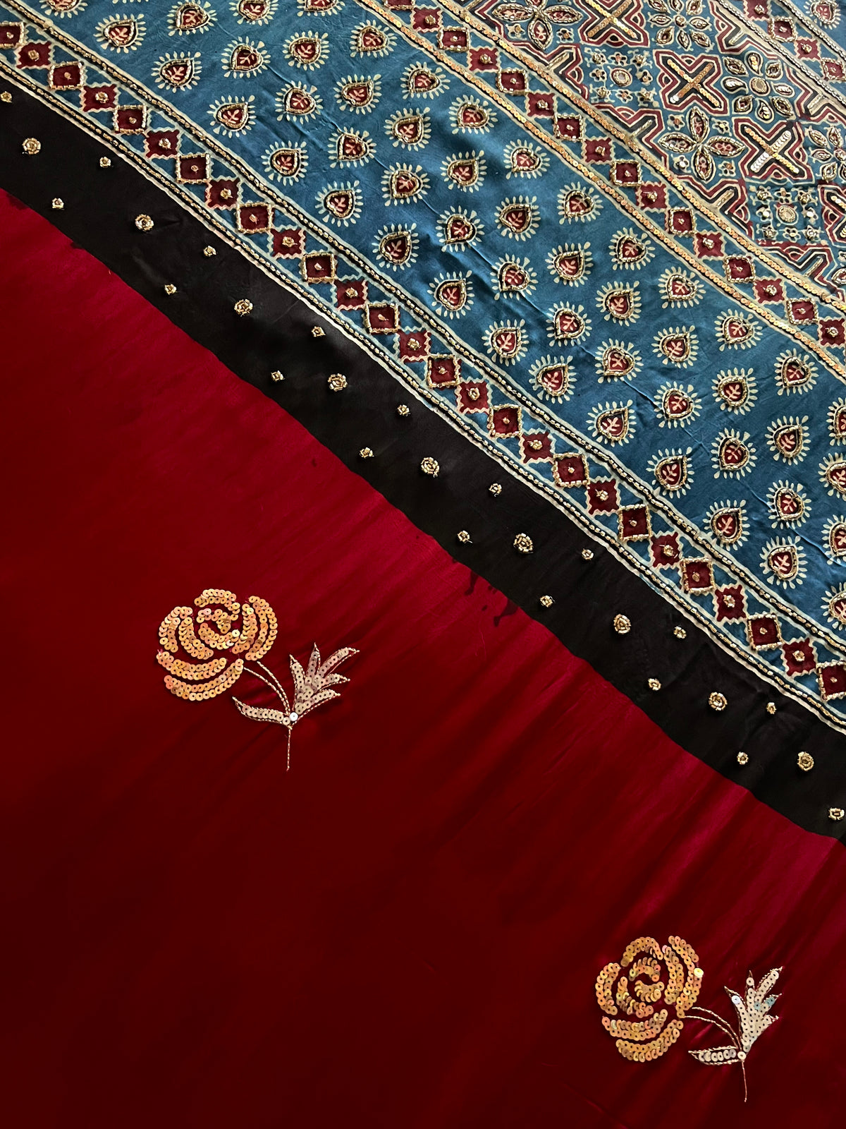 DESIRE ROSE - Pure Modal Ajrakh Hand Embroidered Saree