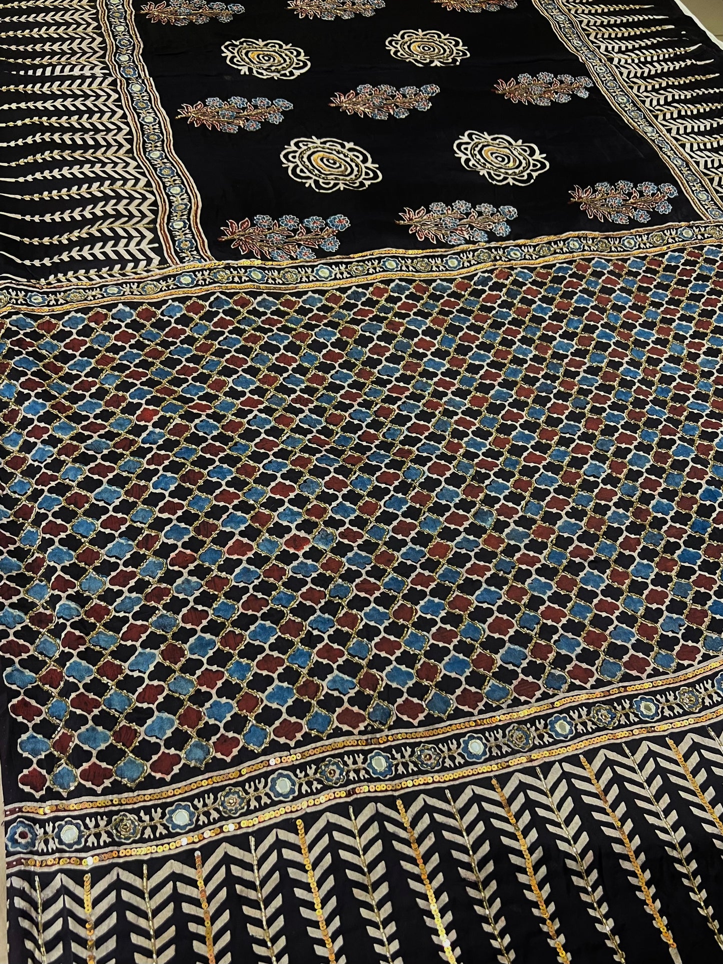 NIGHT BLOSSOM - Pure Modal Ajrakh Hand Embroidered Saree