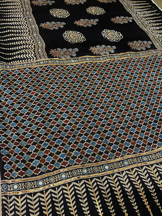 NIGHT BLOSSOM - Pure Modal Ajrakh Hand Embroidered Saree