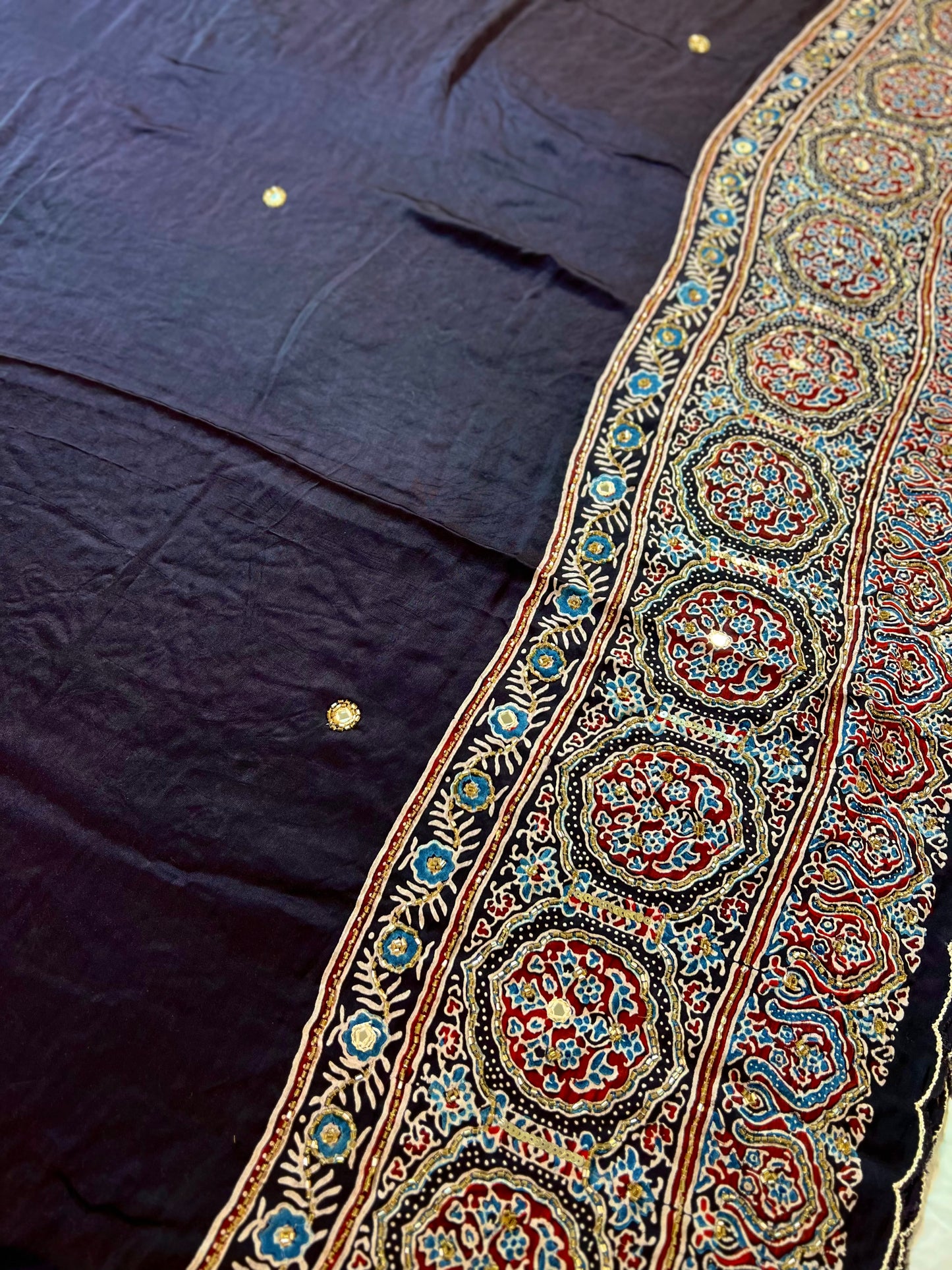 MIDNIGHT SHIMMER - Pure Modal Ajrakh Hand Embroidered Saree