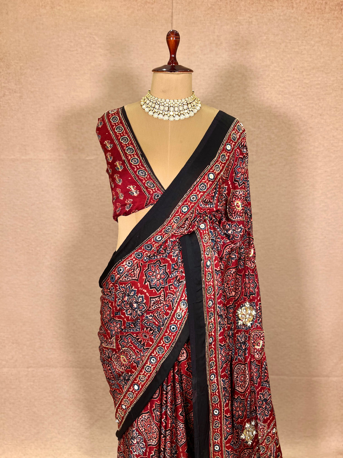 CARMINE MUSE - Pure Modal Ajrakh Hand Embroidered Saree