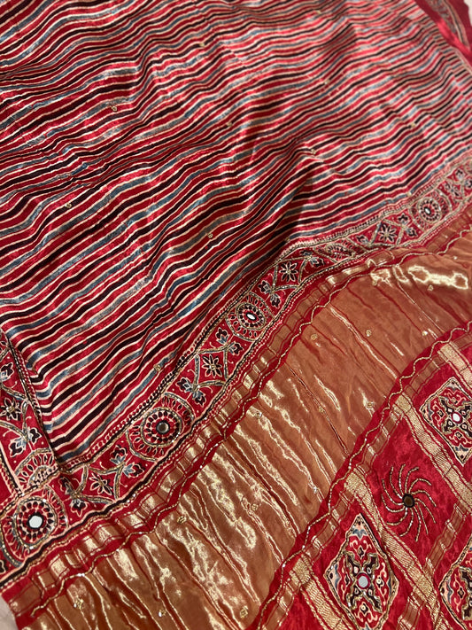 Red Stripes Pure Modal Ajrakh Hand Embroidered Saree